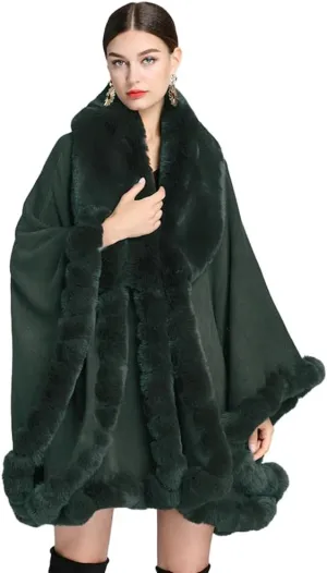 Women Poncho Cape Faux Fur Collar Knitted Cardigan Sweater Batwing Long Sleeve Shawl Wrap Coat Oversized Cloak