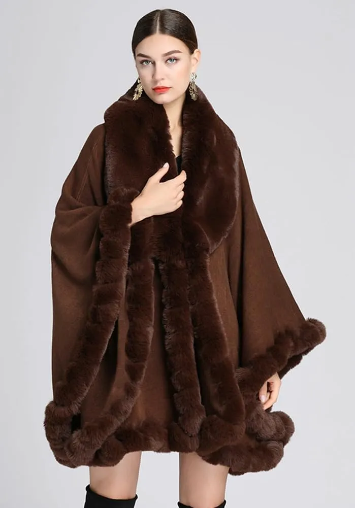Women Poncho Cape Faux Fur Collar Knitted Cardigan Sweater Batwing Long Sleeve Shawl Wrap Coat Oversized Cloak