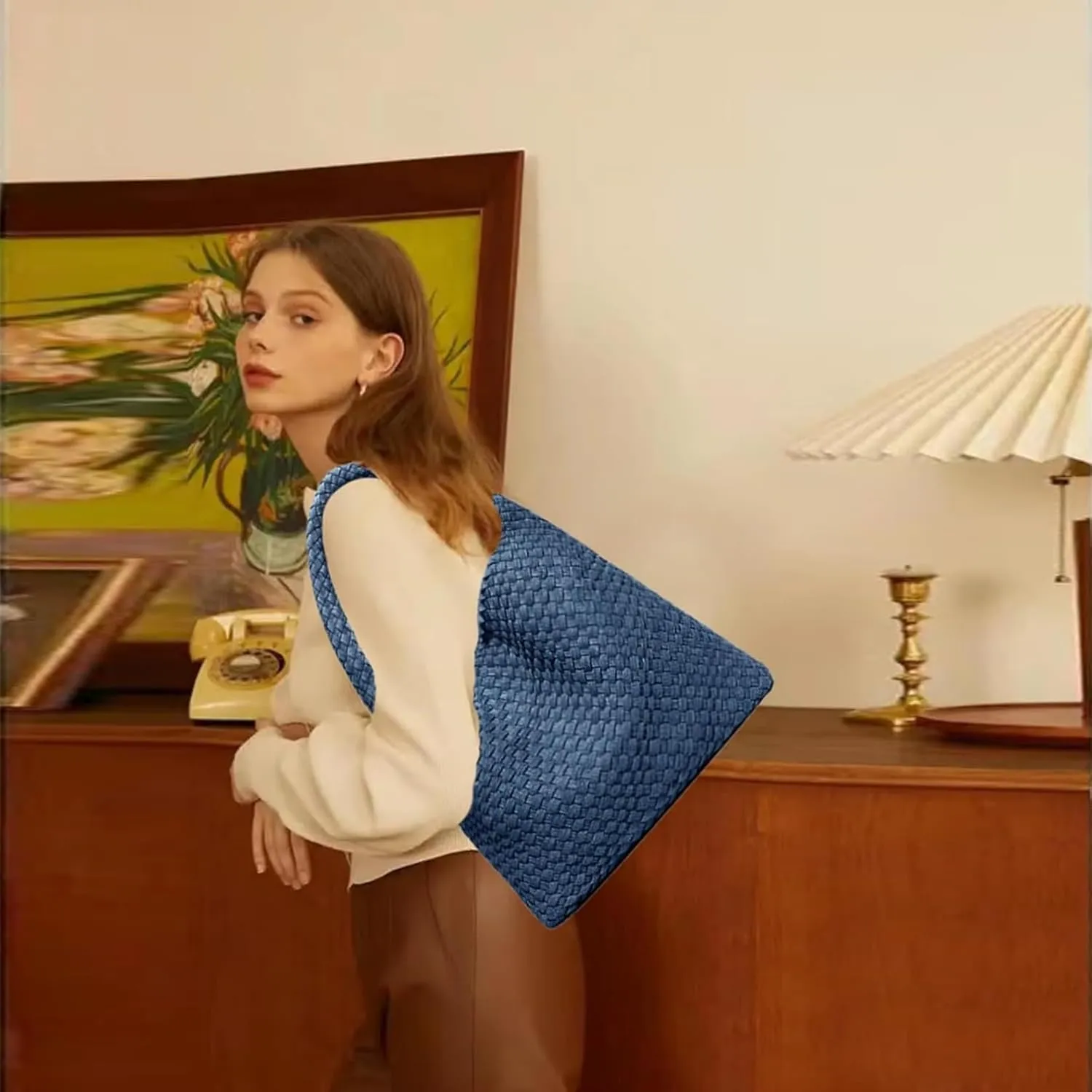 Women Vegan Leather Hand-Woven Tote Handbag Fashion Shoulder Top-handle Bag All-Match Underarm Bag with Purse