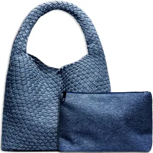 Women Vegan Leather Hand-Woven Tote Handbag Fashion Shoulder Top-handle Bag All-Match Underarm Bag with Purse