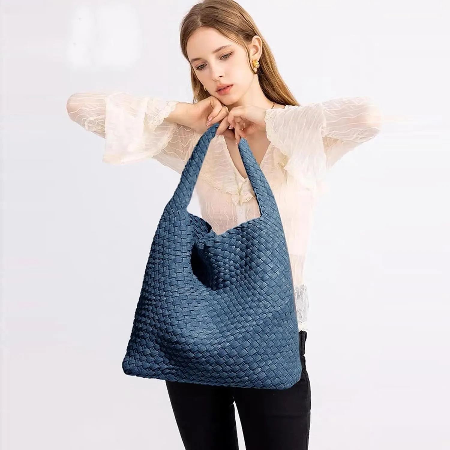 Women Vegan Leather Hand-Woven Tote Handbag Fashion Shoulder Top-handle Bag All-Match Underarm Bag with Purse