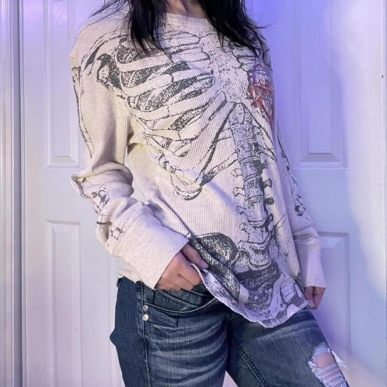 Women Vintage Fairy Grunge Y2K Long Sleeve Shirt Skull Graphic Printed Gothic Tee Tops Aesthetic Harajuku Tops