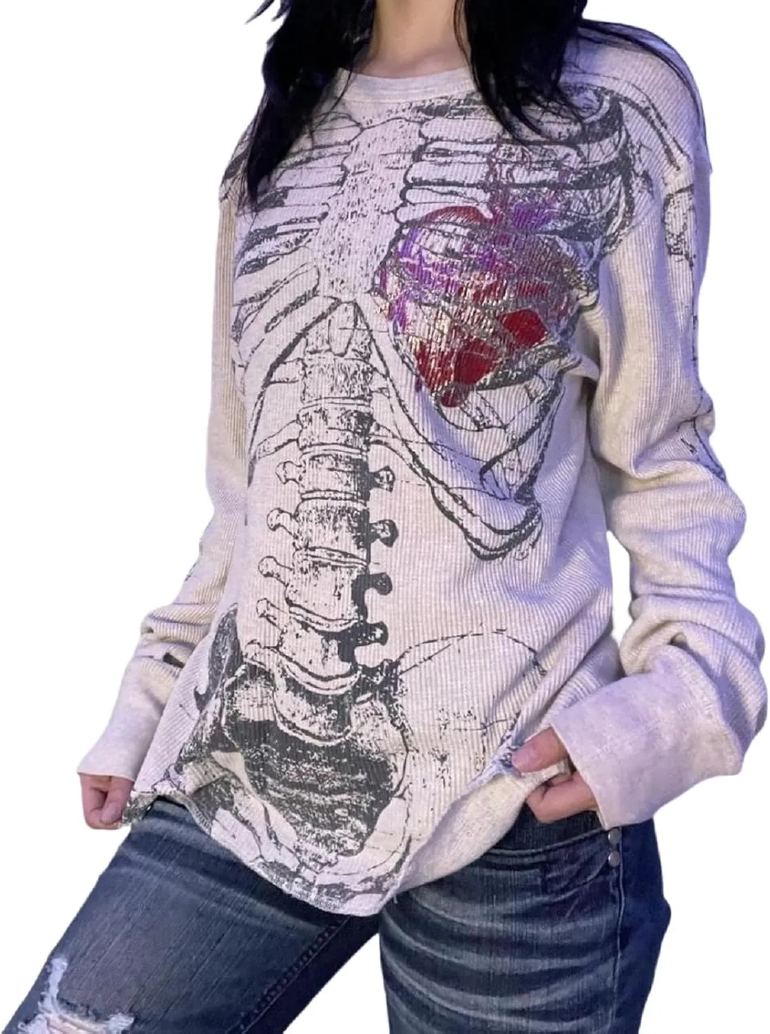 Women Vintage Fairy Grunge Y2K Long Sleeve Shirt Skull Graphic Printed Gothic Tee Tops Aesthetic Harajuku Tops