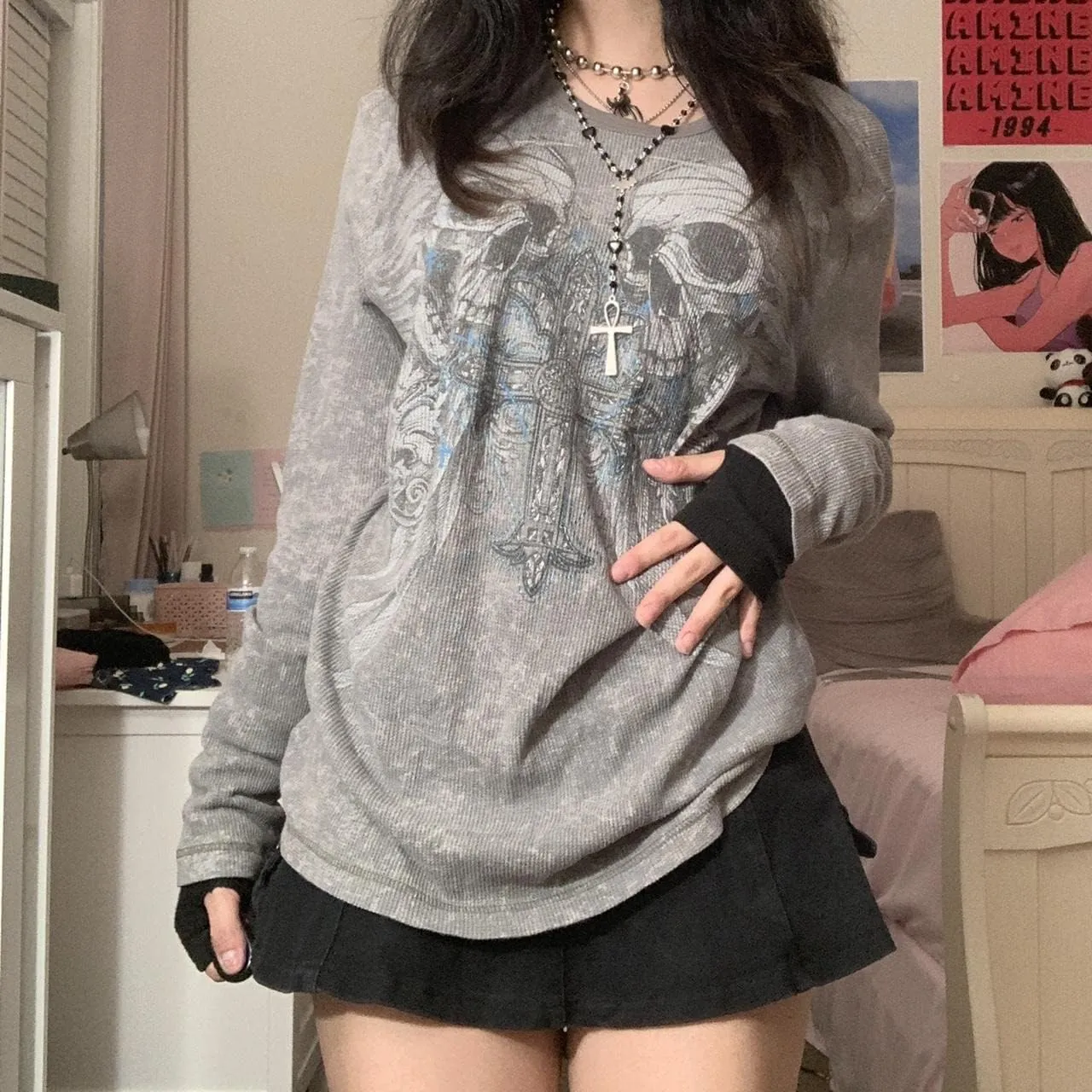 Women Vintage Fairy Grunge Y2K Long Sleeve Shirt Skull Graphic Printed Gothic Tee Tops Aesthetic Harajuku Tops