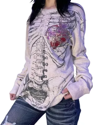 Women Vintage Fairy Grunge Y2K Long Sleeve Shirt Skull Graphic Printed Gothic Tee Tops Aesthetic Harajuku Tops