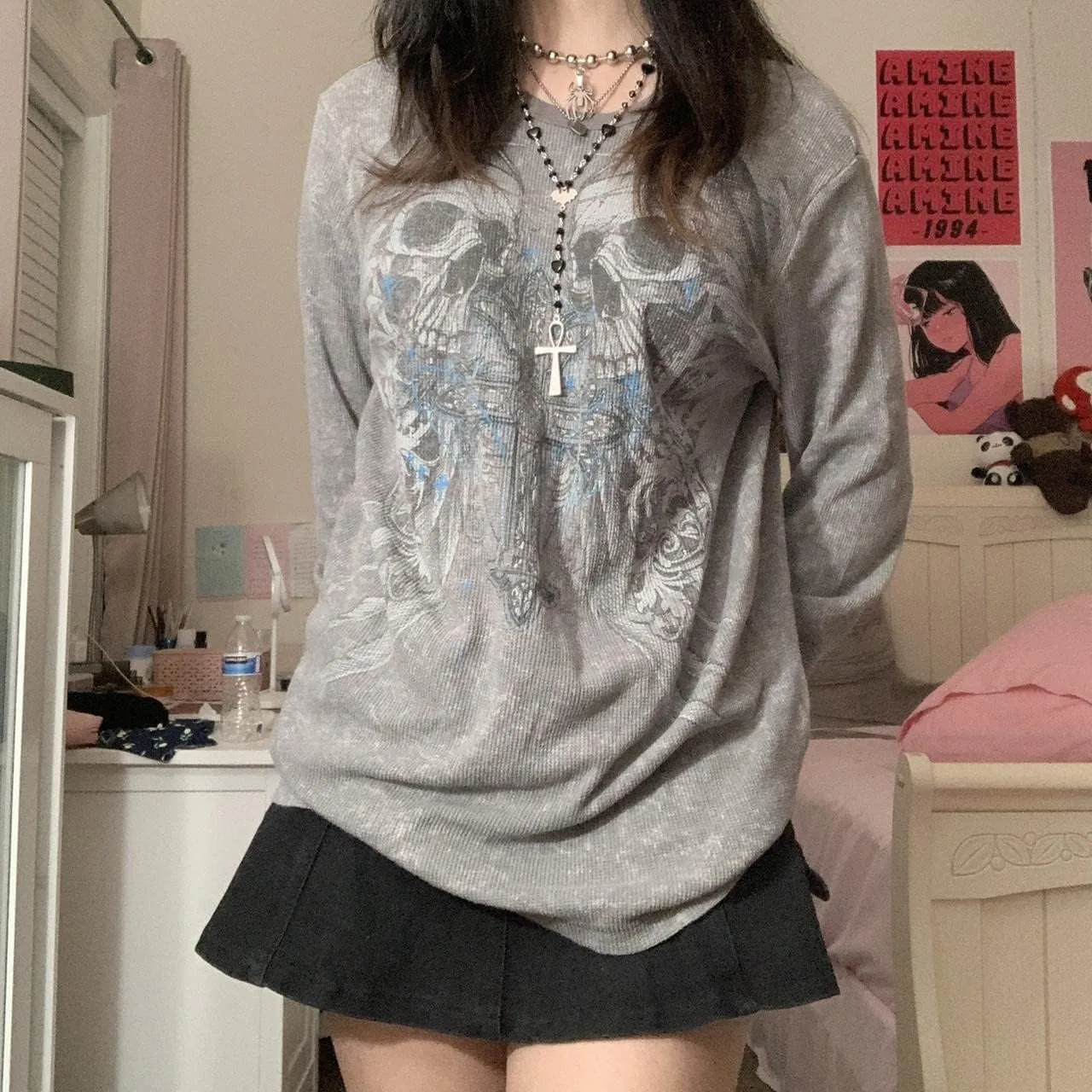 Women Vintage Fairy Grunge Y2K Long Sleeve Shirt Skull Graphic Printed Gothic Tee Tops Aesthetic Harajuku Tops