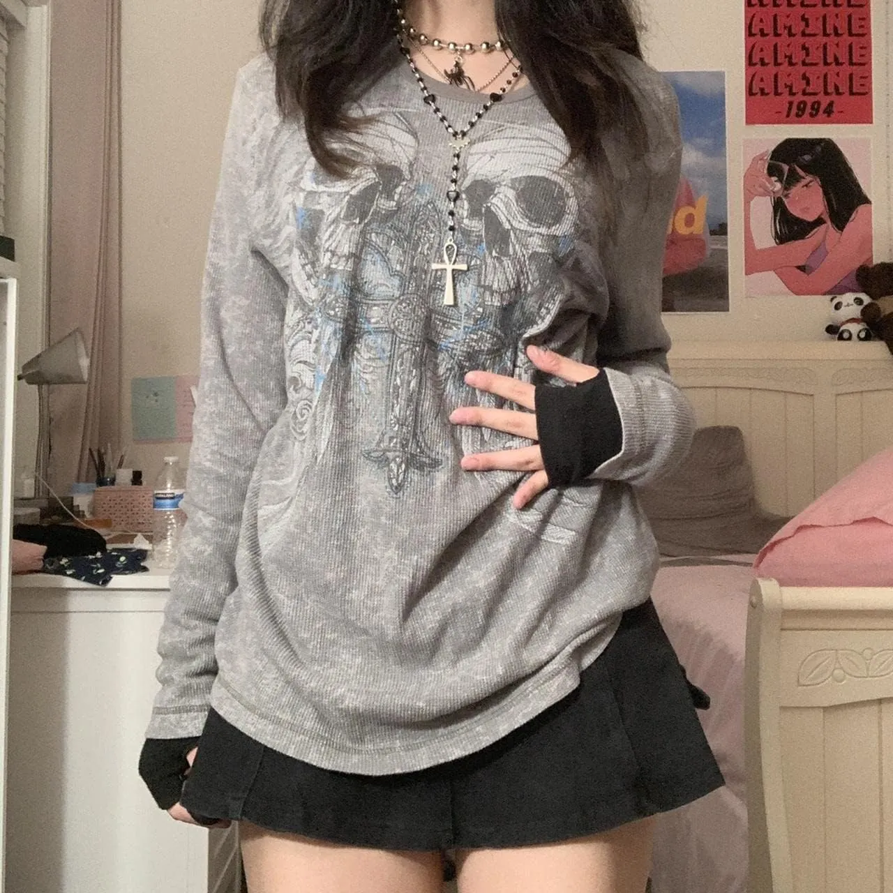 Women Vintage Fairy Grunge Y2K Long Sleeve Shirt Skull Graphic Printed Gothic Tee Tops Aesthetic Harajuku Tops