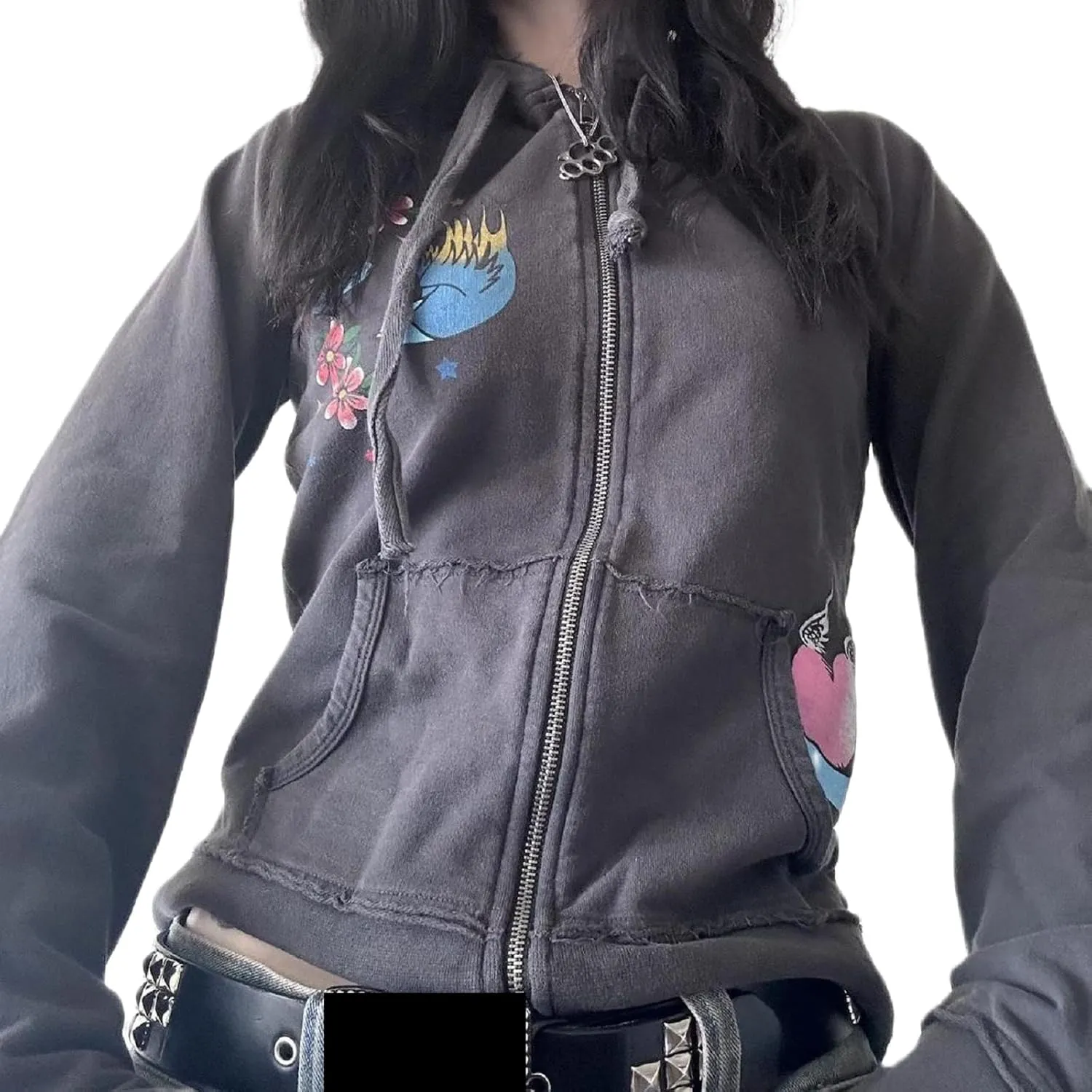 Women Y2K Zip Up Hoodie Gothic Graphic Oversized Sweatshirts Fairy Grunge Zipper Hooded Jacket Harajuku Streetwear