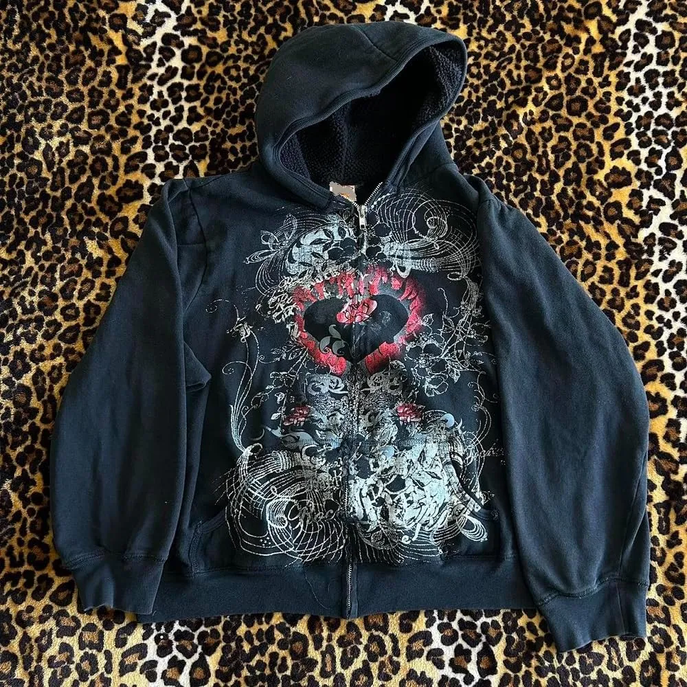 Women Y2K Zip Up Hoodie Gothic Graphic Oversized Sweatshirts Fairy Grunge Zipper Hooded Jacket Harajuku Streetwear