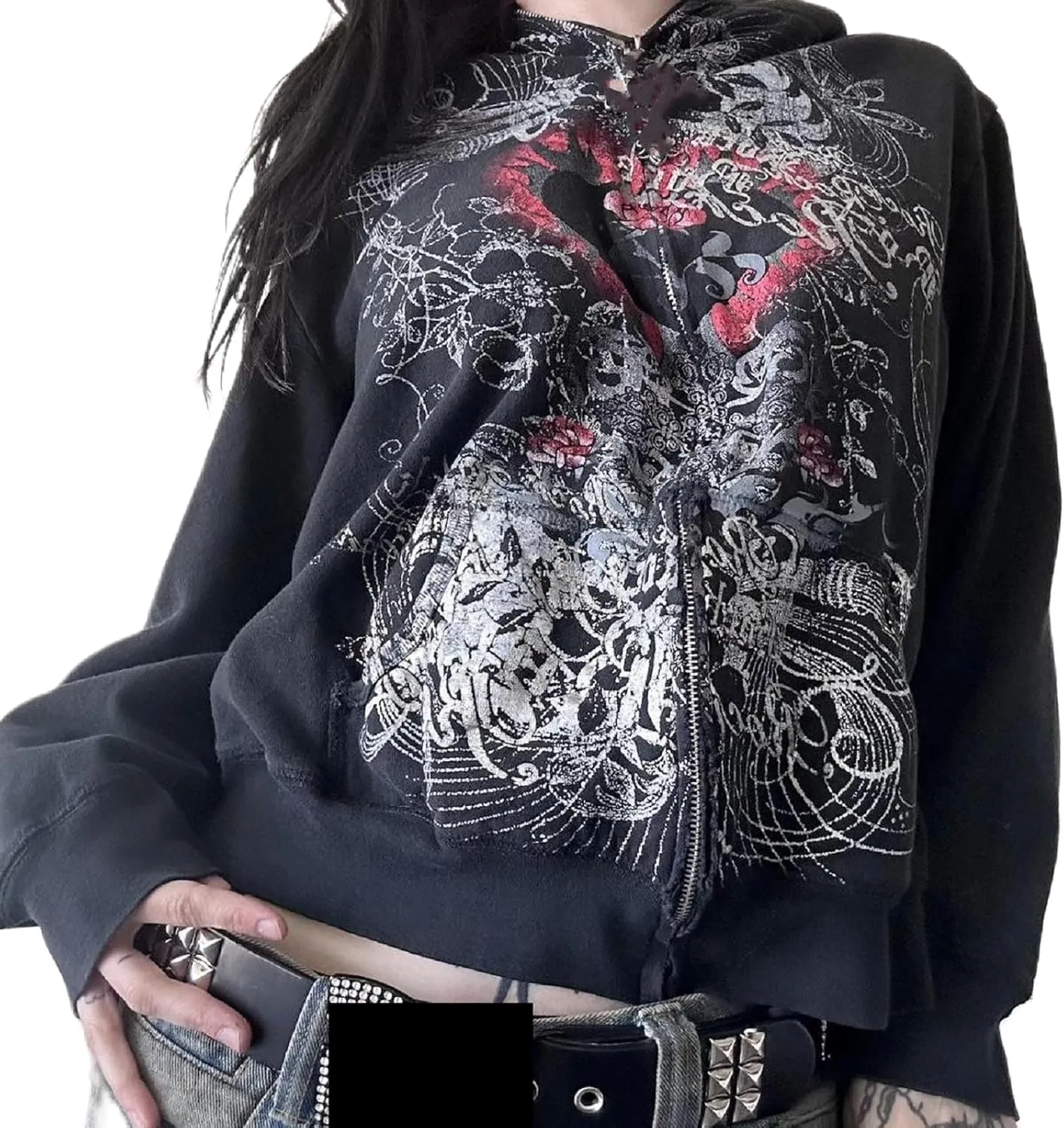 Women Y2K Zip Up Hoodie Gothic Graphic Oversized Sweatshirts Fairy Grunge Zipper Hooded Jacket Harajuku Streetwear
