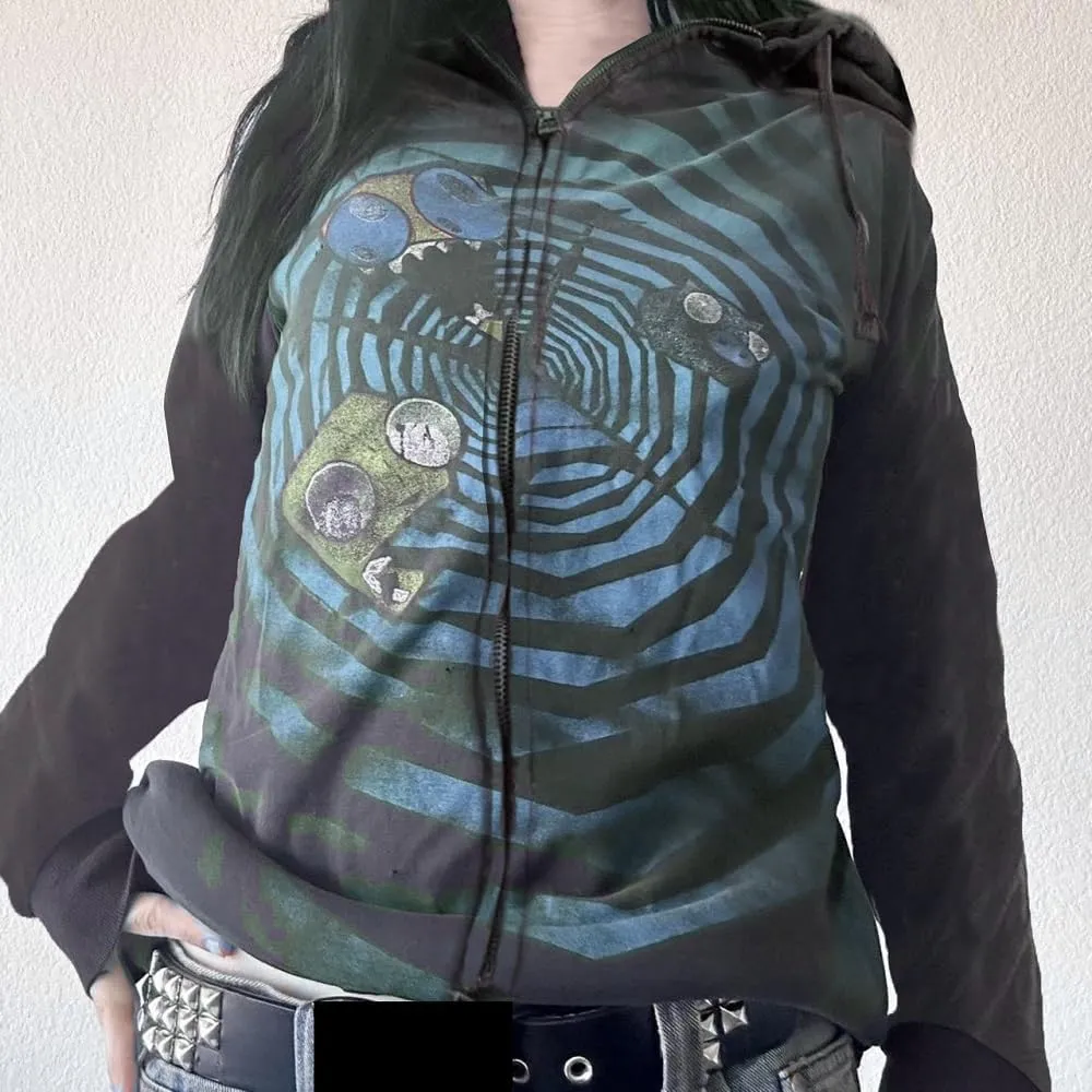 Women Y2K Zip Up Hoodie Gothic Graphic Oversized Sweatshirts Fairy Grunge Zipper Hooded Jacket Harajuku Streetwear