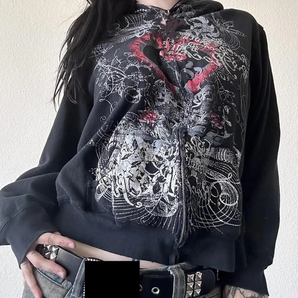 Women Y2K Zip Up Hoodie Gothic Graphic Oversized Sweatshirts Fairy Grunge Zipper Hooded Jacket Harajuku Streetwear