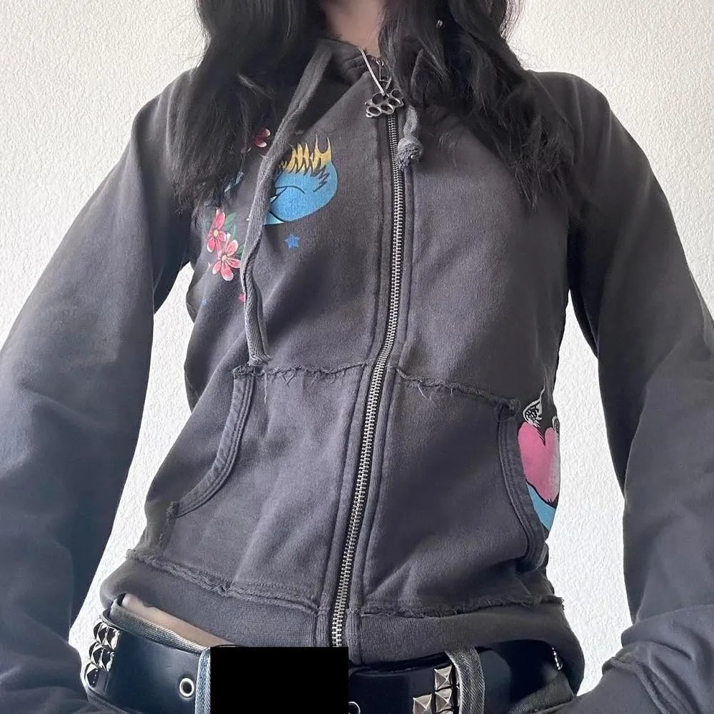 Women Y2K Zip Up Hoodie Gothic Graphic Oversized Sweatshirts Fairy Grunge Zipper Hooded Jacket Harajuku Streetwear