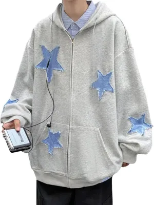 Women Y2K Zip Up Hoodie Star Printed Oversized Sweatshirts Fairy Grunge Graphic Hooded Jacket Harajuku Streetwear