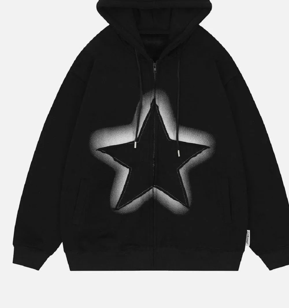 Women Y2K Zip Up Hoodie Star Printed Oversized Sweatshirts Fairy Grunge Graphic Hooded Jacket Harajuku Streetwear