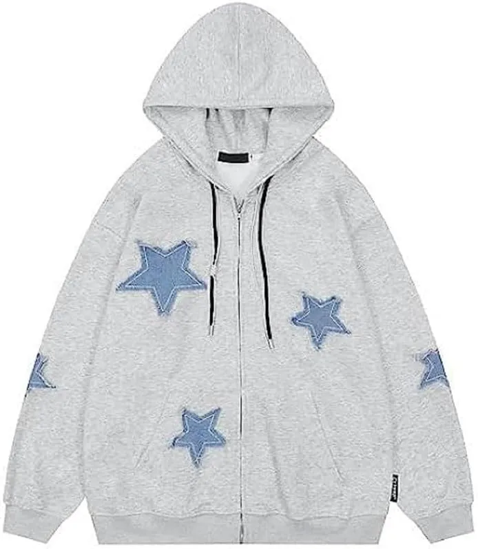 Women Y2K Zip Up Hoodie Star Printed Oversized Sweatshirts Fairy Grunge Graphic Hooded Jacket Harajuku Streetwear