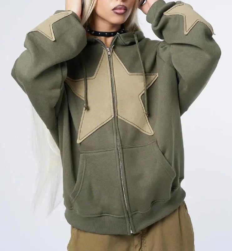 Women Y2K Zip Up Hoodie Star Printed Oversized Sweatshirts Fairy Grunge Graphic Hooded Jacket Harajuku Streetwear