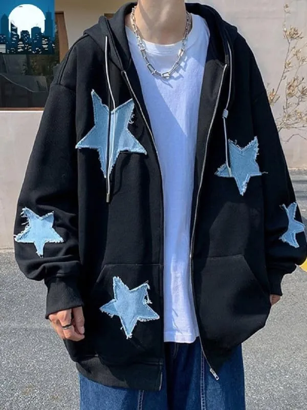 Women Y2K Zip Up Hoodie Star Printed Oversized Sweatshirts Fairy Grunge Graphic Hooded Jacket Harajuku Streetwear