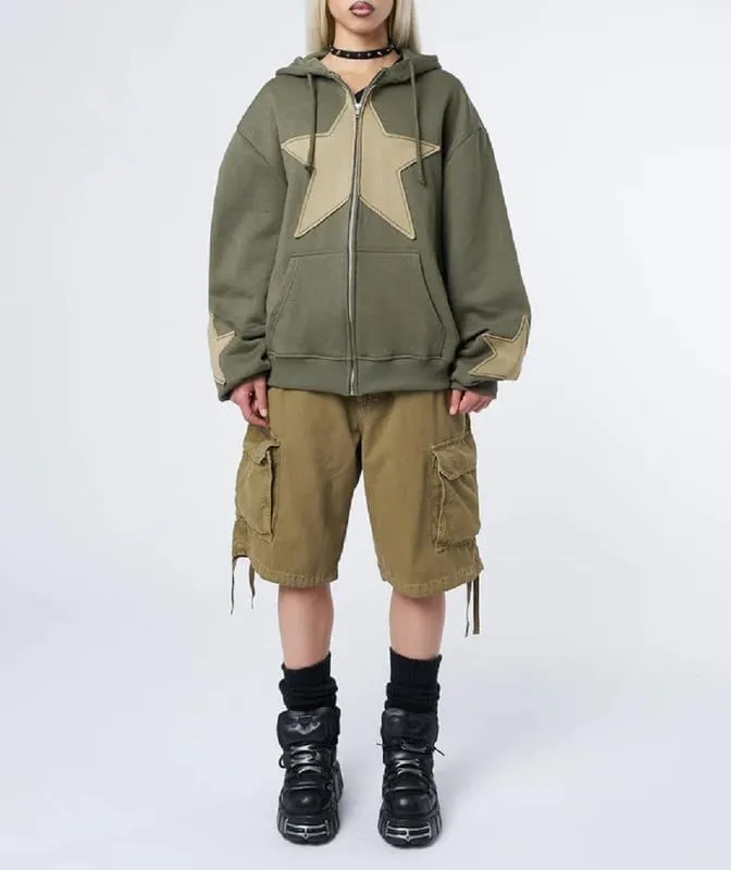 Women Y2K Zip Up Hoodie Star Printed Oversized Sweatshirts Fairy Grunge Graphic Hooded Jacket Harajuku Streetwear
