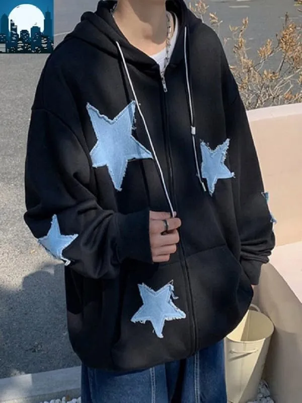Women Y2K Zip Up Hoodie Star Printed Oversized Sweatshirts Fairy Grunge Graphic Hooded Jacket Harajuku Streetwear