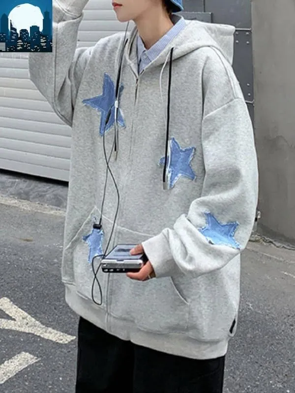 Women Y2K Zip Up Hoodie Star Printed Oversized Sweatshirts Fairy Grunge Graphic Hooded Jacket Harajuku Streetwear