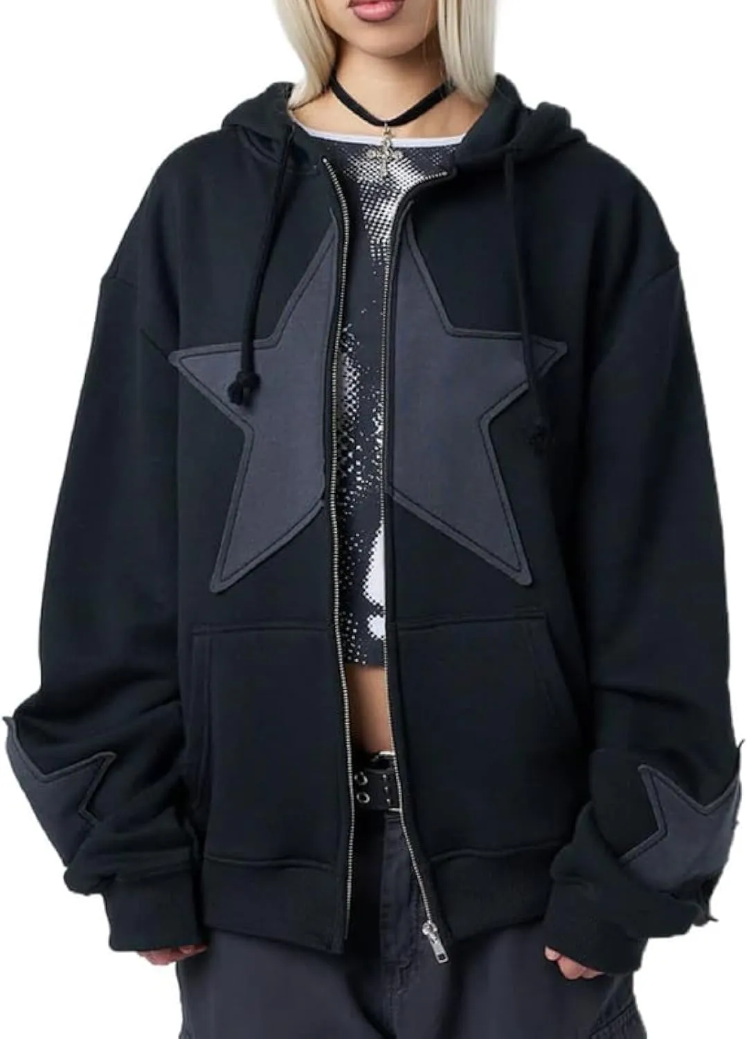 Women Y2K Zip Up Hoodie Star Printed Oversized Sweatshirts Fairy Grunge Graphic Hooded Jacket Harajuku Streetwear