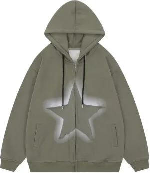 Women Y2K Zip Up Hoodie Star Printed Oversized Sweatshirts Fairy Grunge Graphic Hooded Jacket Harajuku Streetwear