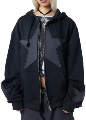 Women Y2K Zip Up Hoodie Star Printed Oversized Sweatshirts Fairy Grunge Graphic Hooded Jacket Harajuku Streetwear