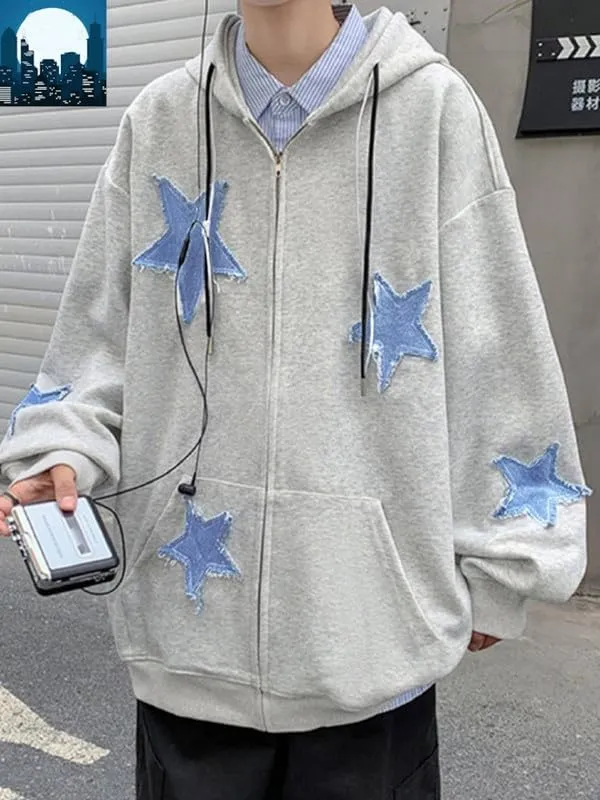 Women Y2K Zip Up Hoodie Star Printed Oversized Sweatshirts Fairy Grunge Graphic Hooded Jacket Harajuku Streetwear