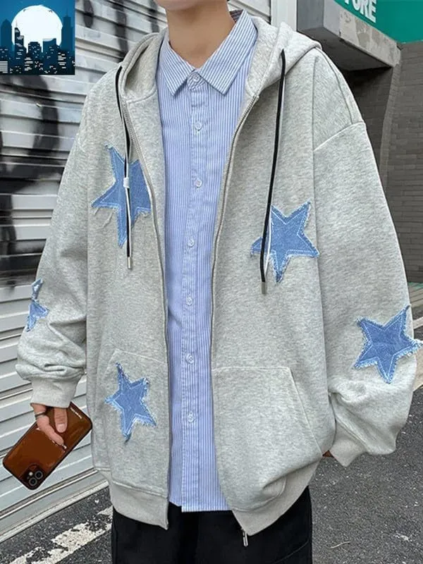 Women Y2K Zip Up Hoodie Star Printed Oversized Sweatshirts Fairy Grunge Graphic Hooded Jacket Harajuku Streetwear