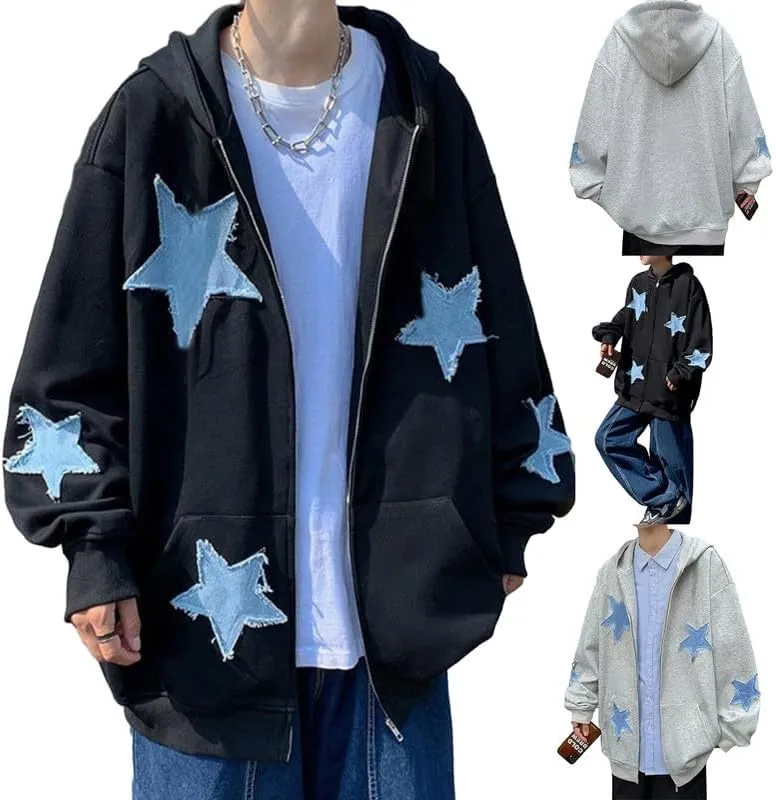 Women Y2K Zip Up Hoodie Star Printed Oversized Sweatshirts Fairy Grunge Graphic Hooded Jacket Harajuku Streetwear
