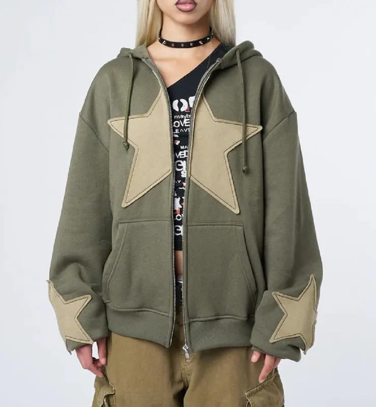 Women Y2K Zip Up Hoodie Star Printed Oversized Sweatshirts Fairy Grunge Graphic Hooded Jacket Harajuku Streetwear