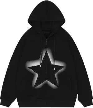 Women Y2K Zip Up Hoodie Star Printed Oversized Sweatshirts Fairy Grunge Graphic Hooded Jacket Harajuku Streetwear
