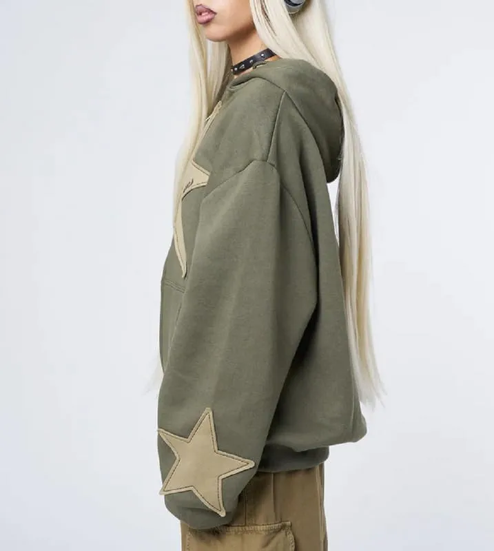 Women Y2K Zip Up Hoodie Star Printed Oversized Sweatshirts Fairy Grunge Graphic Hooded Jacket Harajuku Streetwear