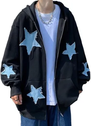 Women Y2K Zip Up Hoodie Star Printed Oversized Sweatshirts Fairy Grunge Graphic Hooded Jacket Harajuku Streetwear