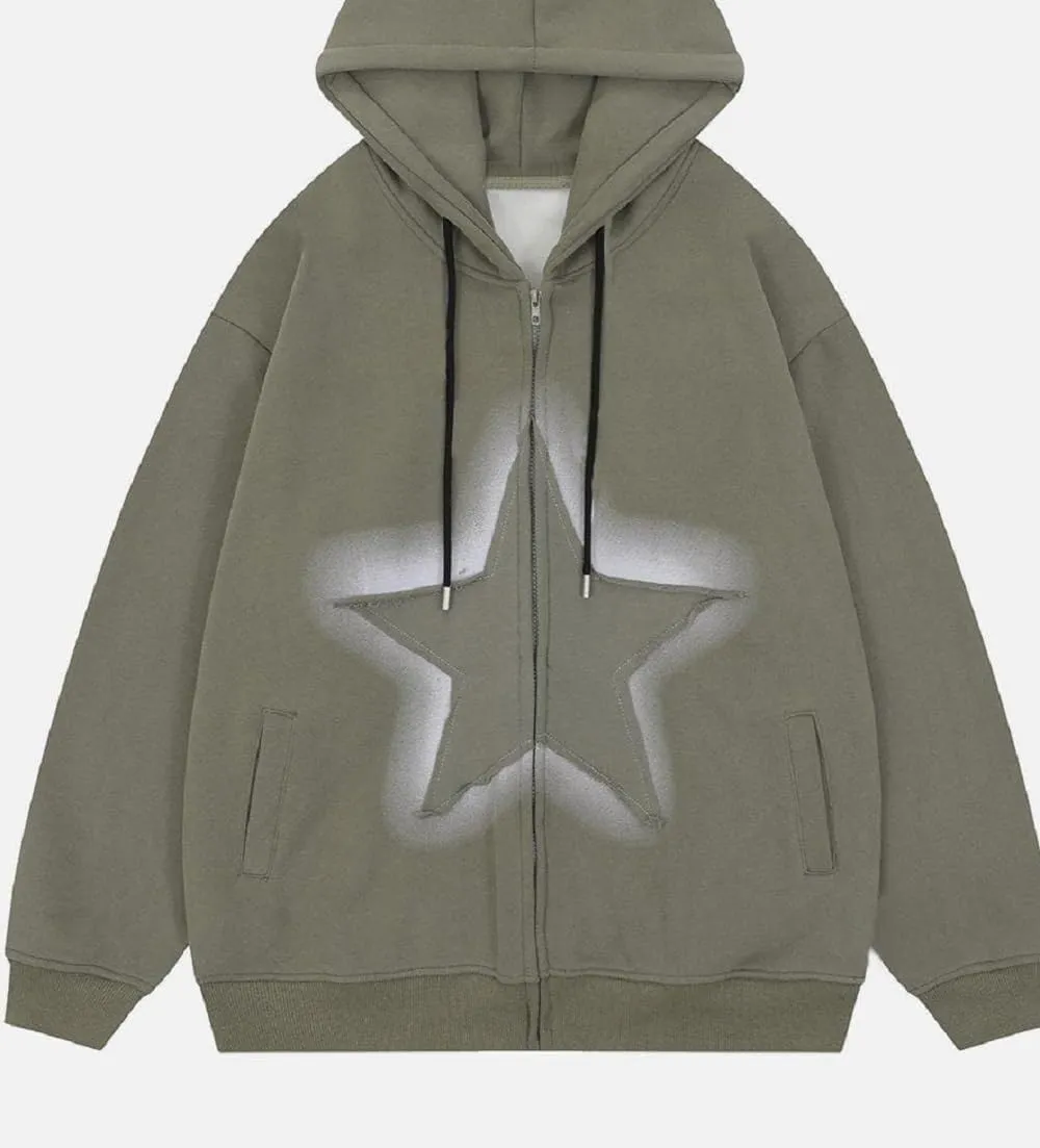 Women Y2K Zip Up Hoodie Star Printed Oversized Sweatshirts Fairy Grunge Graphic Hooded Jacket Harajuku Streetwear
