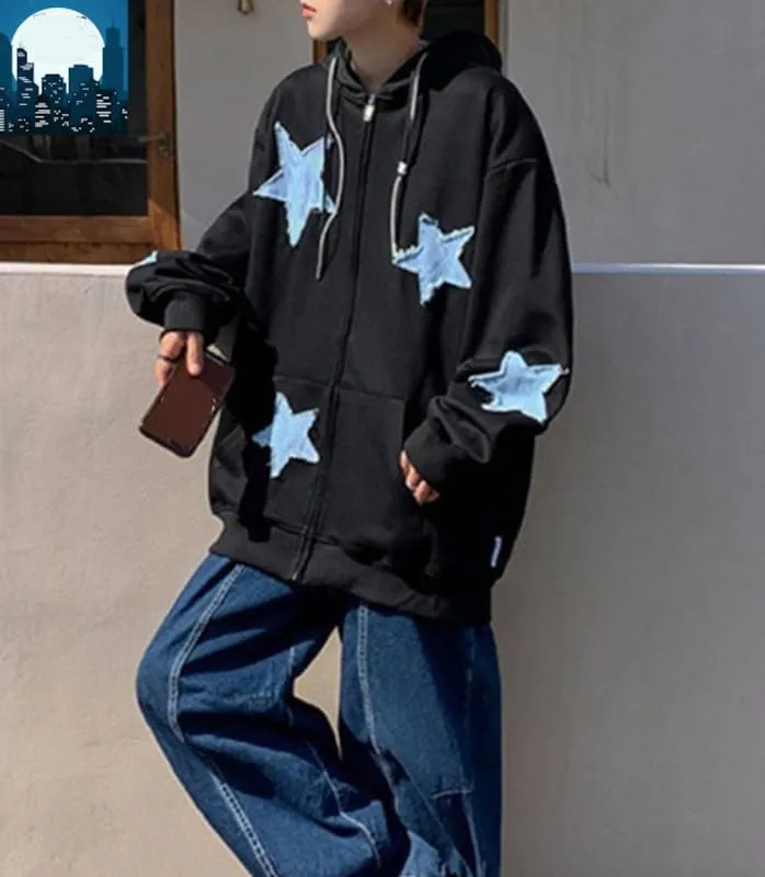 Women Y2K Zip Up Hoodie Star Printed Oversized Sweatshirts Fairy Grunge Graphic Hooded Jacket Harajuku Streetwear