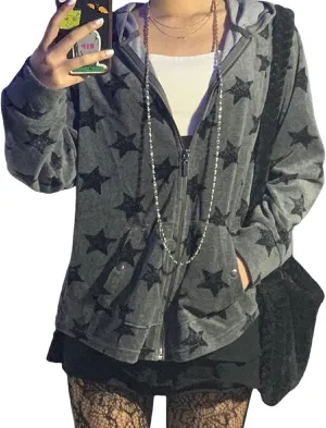Women Y2k Zip Up Hoodie Vintage Graphic Oversized Hooded Sweatshirts Grunge Fairy Long Sleeve Jacket Pullovers Coats