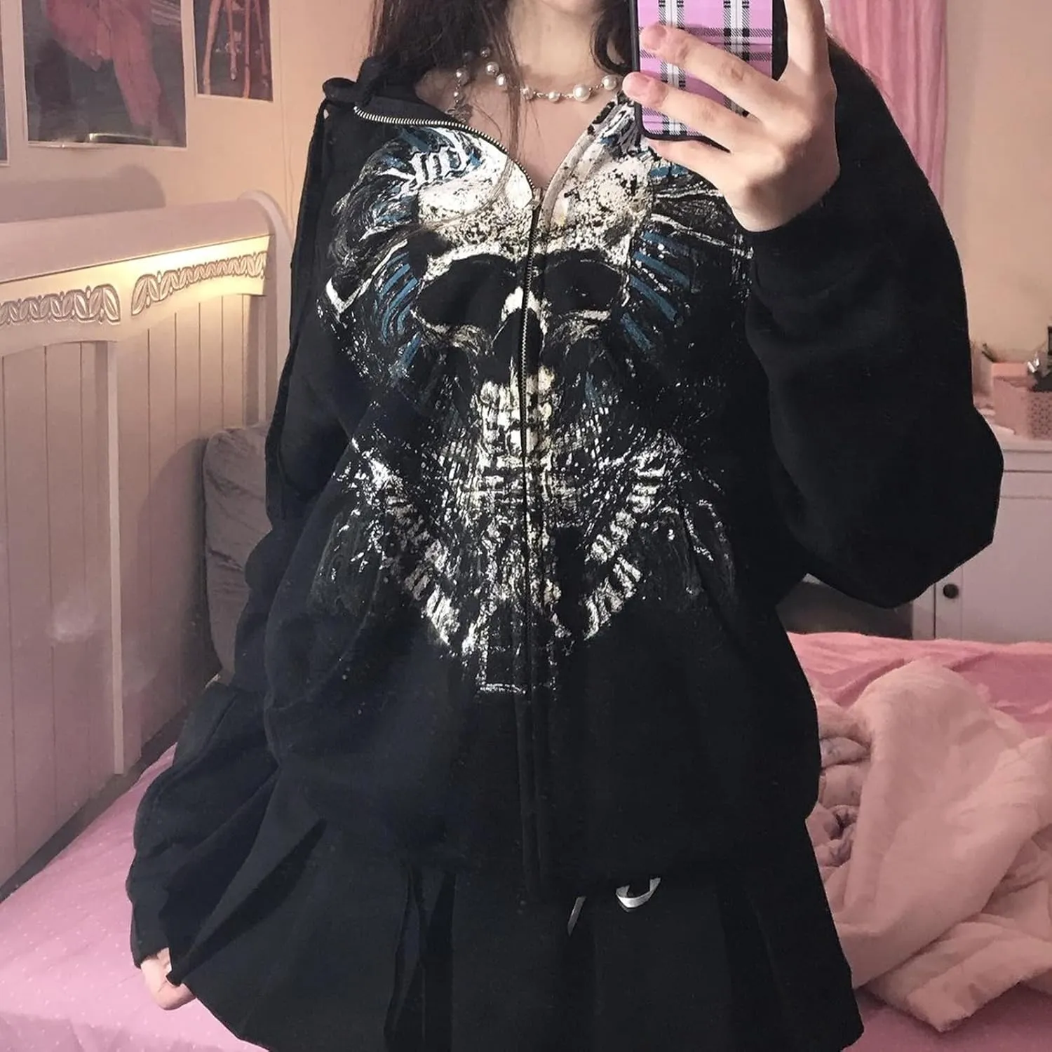Women Y2k Zip Up Hoodie Vintage Graphic Oversized Hooded Sweatshirts Grunge Fairy Long Sleeve Jacket Pullovers Coats
