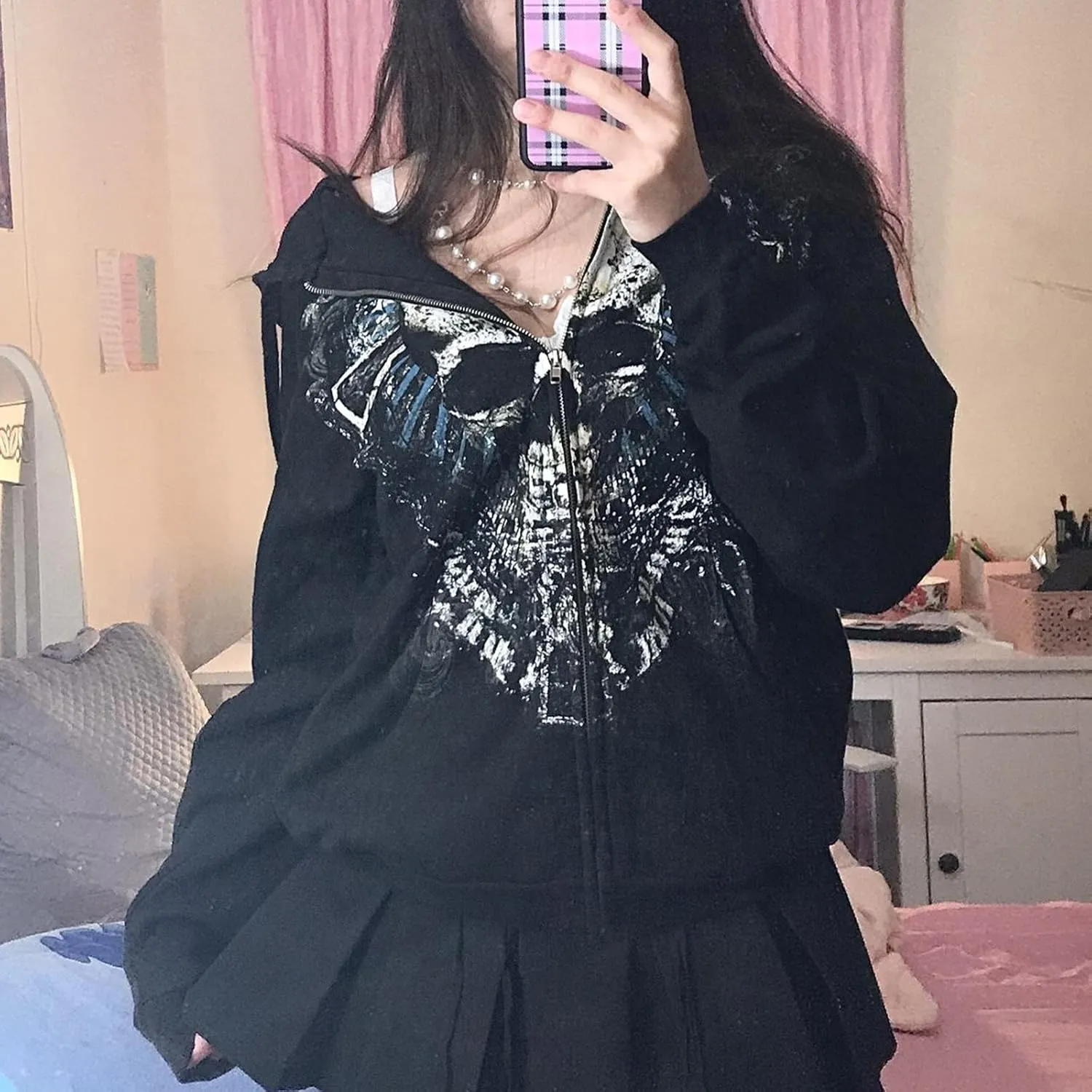 Women Y2k Zip Up Hoodie Vintage Graphic Oversized Hooded Sweatshirts Grunge Fairy Long Sleeve Jacket Pullovers Coats