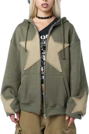 Women Y2k Zip Up Hoodie Vintage Graphic Oversized Hooded Sweatshirts Grunge Fairy Long Sleeve Jacket Pullovers Coats