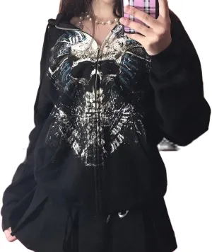 Women Y2k Zip Up Hoodie Vintage Graphic Oversized Hooded Sweatshirts Grunge Fairy Long Sleeve Jacket Pullovers Coats