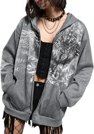 Women Y2k Zip Up Hoodie Vintage Graphic Oversized Sweatshirt Aesthetic Harajuku Teen Girls Jacket