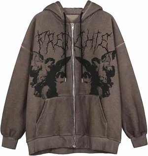 Women Zip Up Hoodie Y2k Vintage Hooded Sweatshirt Grunge Fairycore Oversized Jacket Harajuku Coats Streetwear