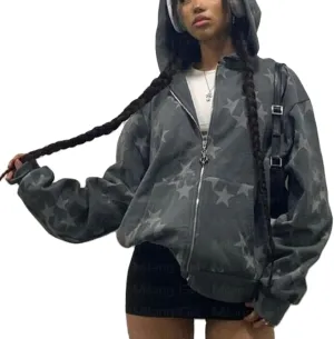 Women Zip Up Hoodie Y2k Vintage Hooded Sweatshirt Grunge Fairycore Oversized Jacket Harajuku Coats Streetwear