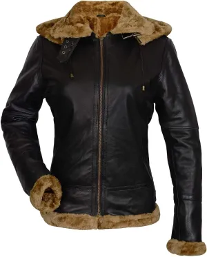 Womens B3 Fur Shearling Aviator Pilot Removable Hoodie Genuine Sheepskin Flight Bomber Brown Leather Jacket