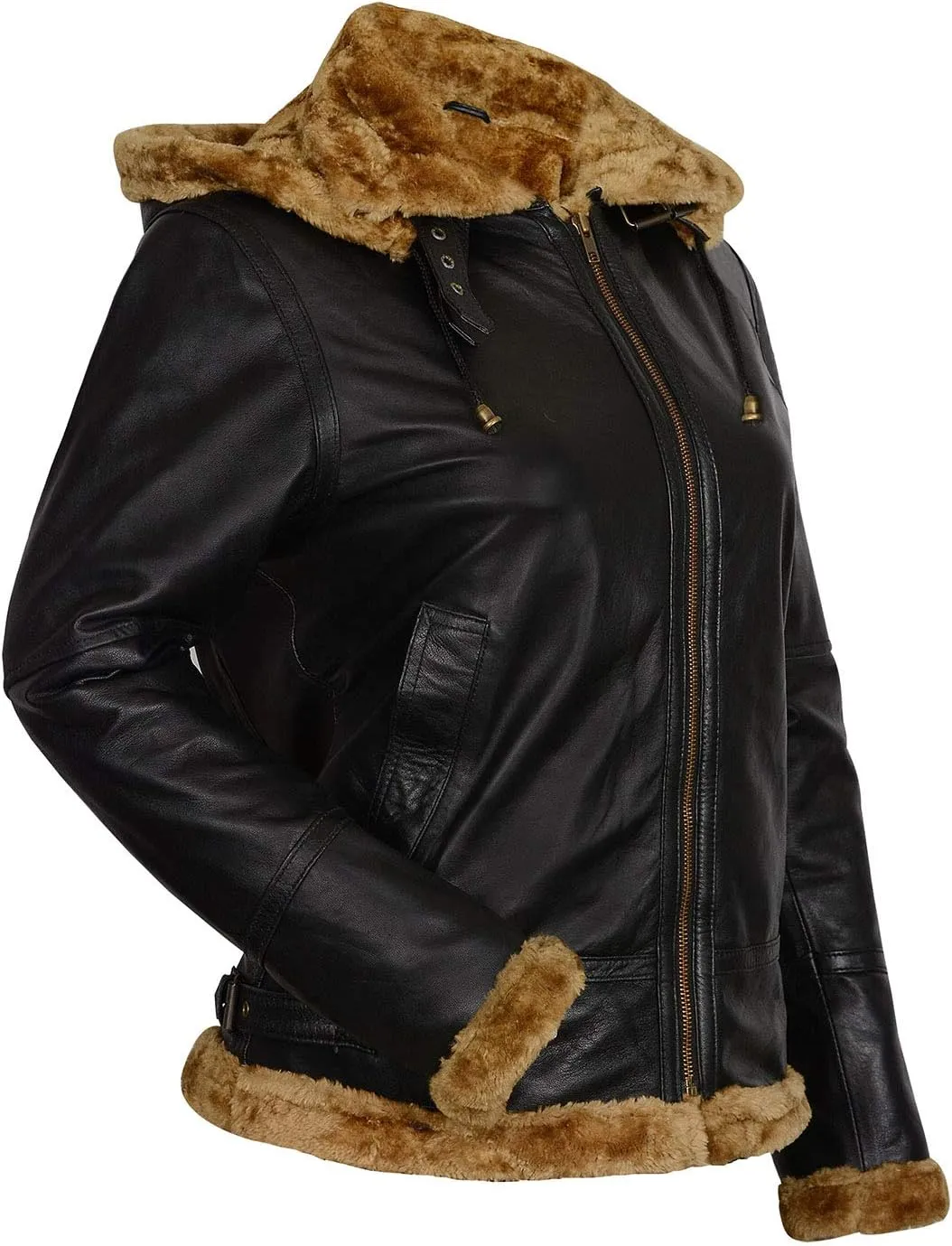 Womens B3 Fur Shearling Aviator Pilot Removable Hoodie Genuine Sheepskin Flight Bomber Brown Leather Jacket