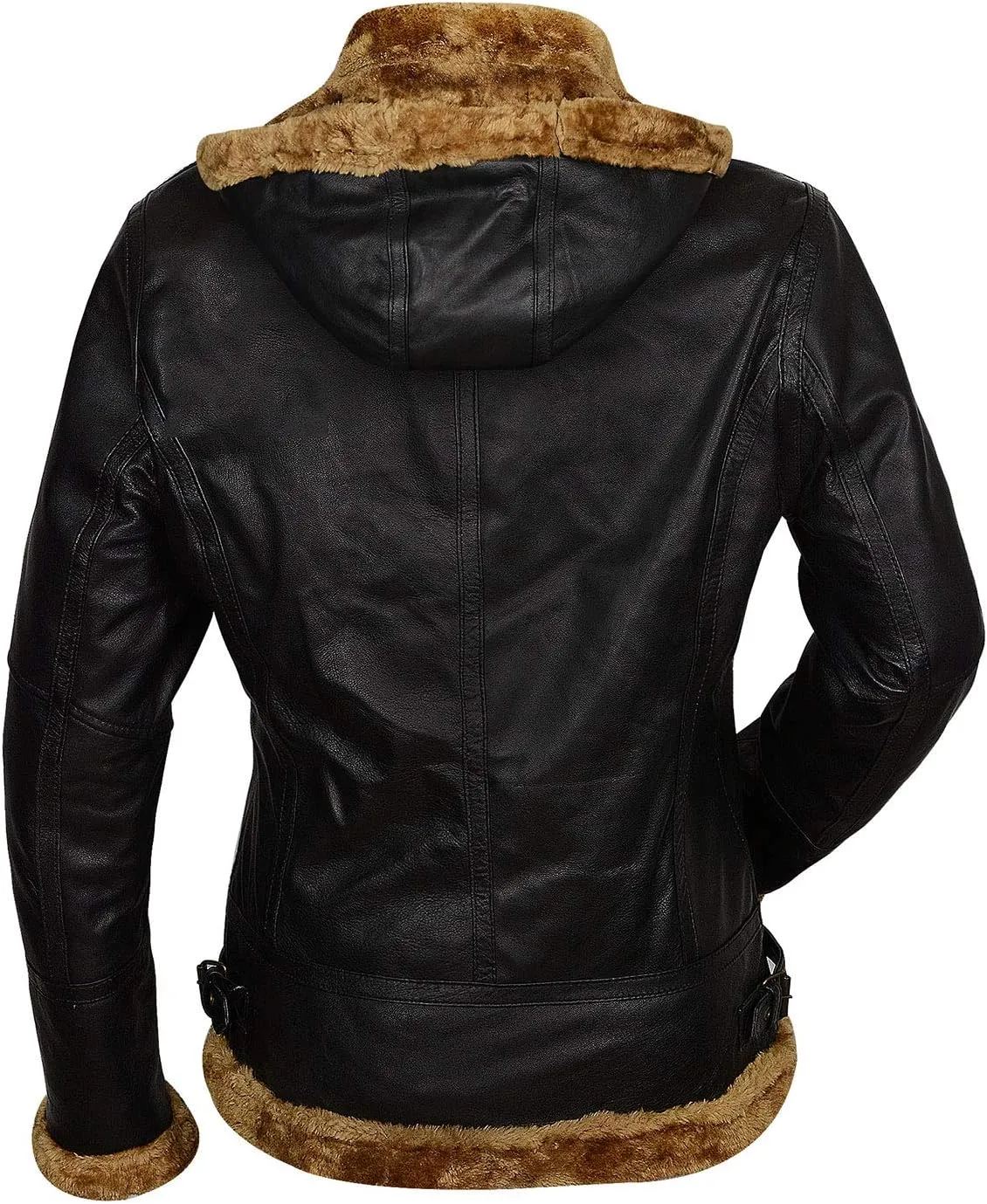 Womens B3 Fur Shearling Aviator Pilot Removable Hoodie Genuine Sheepskin Flight Bomber Brown Leather Jacket