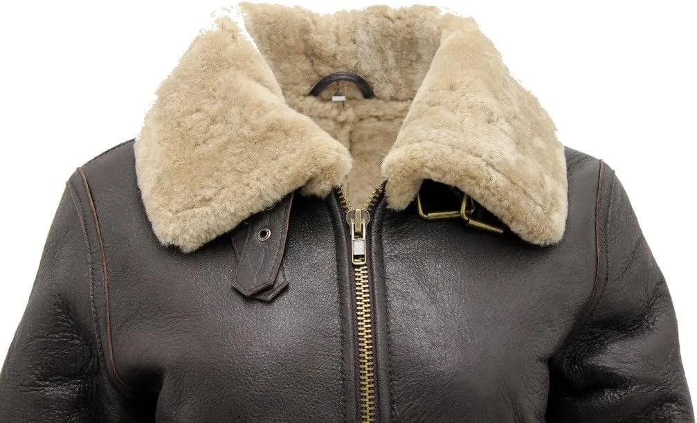 Women's Brown B3 WW2 Ginger Real Thick Sheepskin Leather Flying Jacket