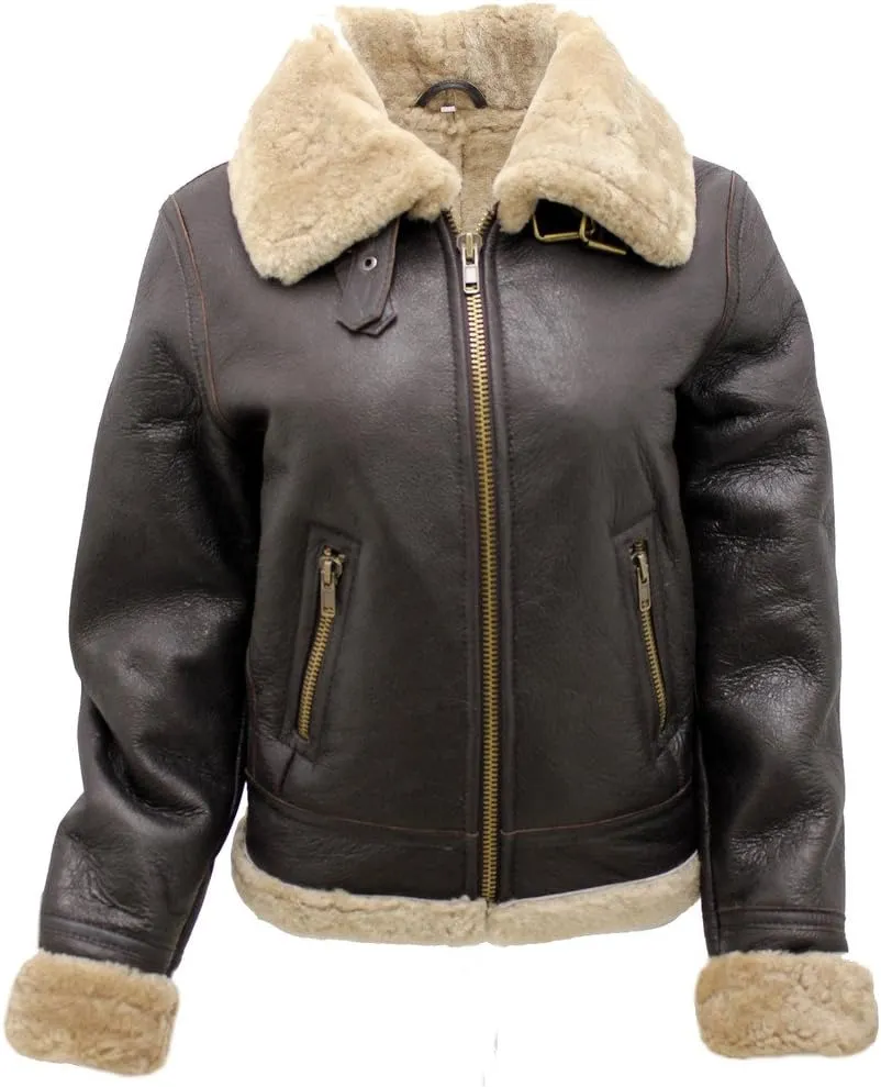 Women's Brown B3 WW2 Ginger Real Thick Sheepskin Leather Flying Jacket